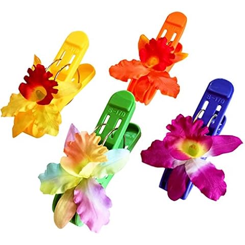 (Set of 4) Beach Towel Tropical Maui Hawaiian Orchid Clips Jumbo Size (5 inches) for Beach Chair or Pool Loungers on Your Cruise. (Mixed Orchid) Cover