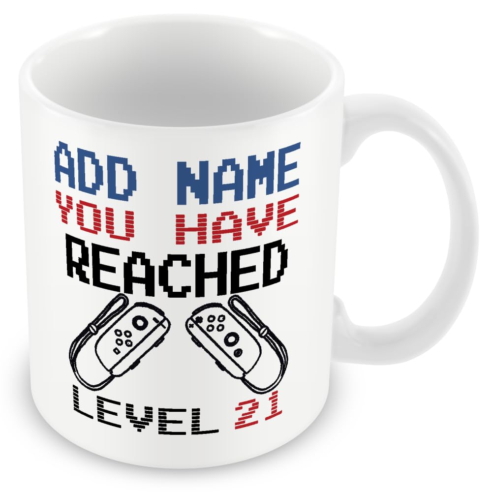 MUGGZ -21st Birthday Personalised Gamer Mug (11oz) Switch Style - You Have Reached Level Custom LevelUp Mug Gift for Men/Women- Any Name - Novelty Video Game Controller Design Gifts for Him or Her