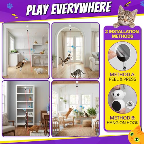Image of Interactive Cat Toys for Indoor Cats, 2-in-1 Laser Pointer Cat Toy with Automatic Flying Bird & Mouse Wand, Adjustable Speed USB Rechargeable Doorway Hanging Toy for Bored Kittens and Adult Cats