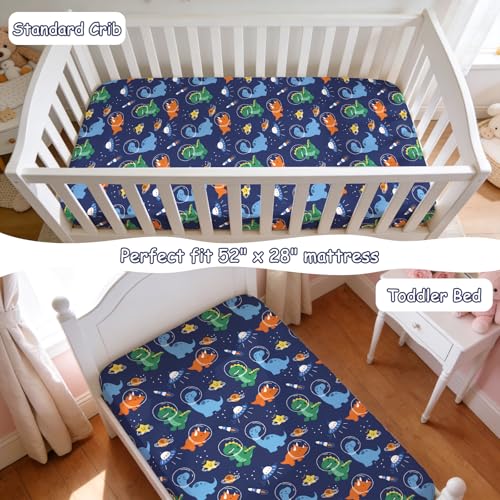 Image of JISEN Baby Crib Sheets Soft Breathable Space Dinosaurs Fitted Crib Sheets for Standard Crib and Toddler Mattress Baby Bed Sheets for Boys Girls Neutral 52x28 Inch