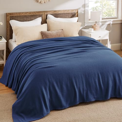 Image of Bedsure 100% Cotton Blanket, Herringbone Weave, Oversized King, Navy Blue