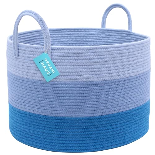 Image of OrganiHaus Round Toy Basket & Blanket Basket, Cotton Rope 20x13 inch | 3-Toned Blue - Round Cotton Rope Basket, 20x13 inch