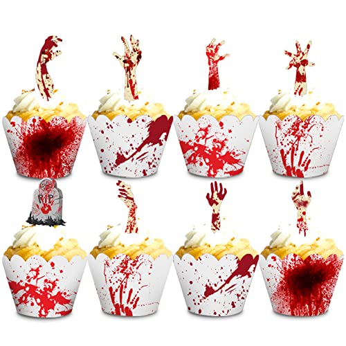 48 Pieces Halloween Cupcake Toppers Cupcake Wrappers Kit Bloody Z...