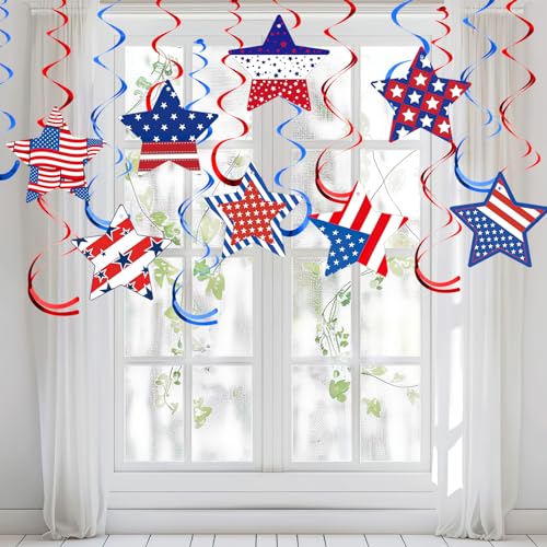 Image of JUNEBRUSHS 46Pcs Independence Day Hanging Swirls, 4th of July Decorations Patriotic Red White and Blue Stars String Hanging Swirl Ceiling Spirals for Fourth of July Home Party Accessories Supplies