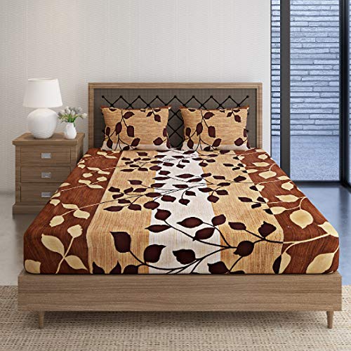 Image of Swayam Pure Cotton Double Bedsheet with 2 Pillow Covers | Size 90 x 100 inch | 160 TC | Leaf Design | Soft Breathable Bed Sheet | Comfortable & Durable for Bedroom - Brown & Beige