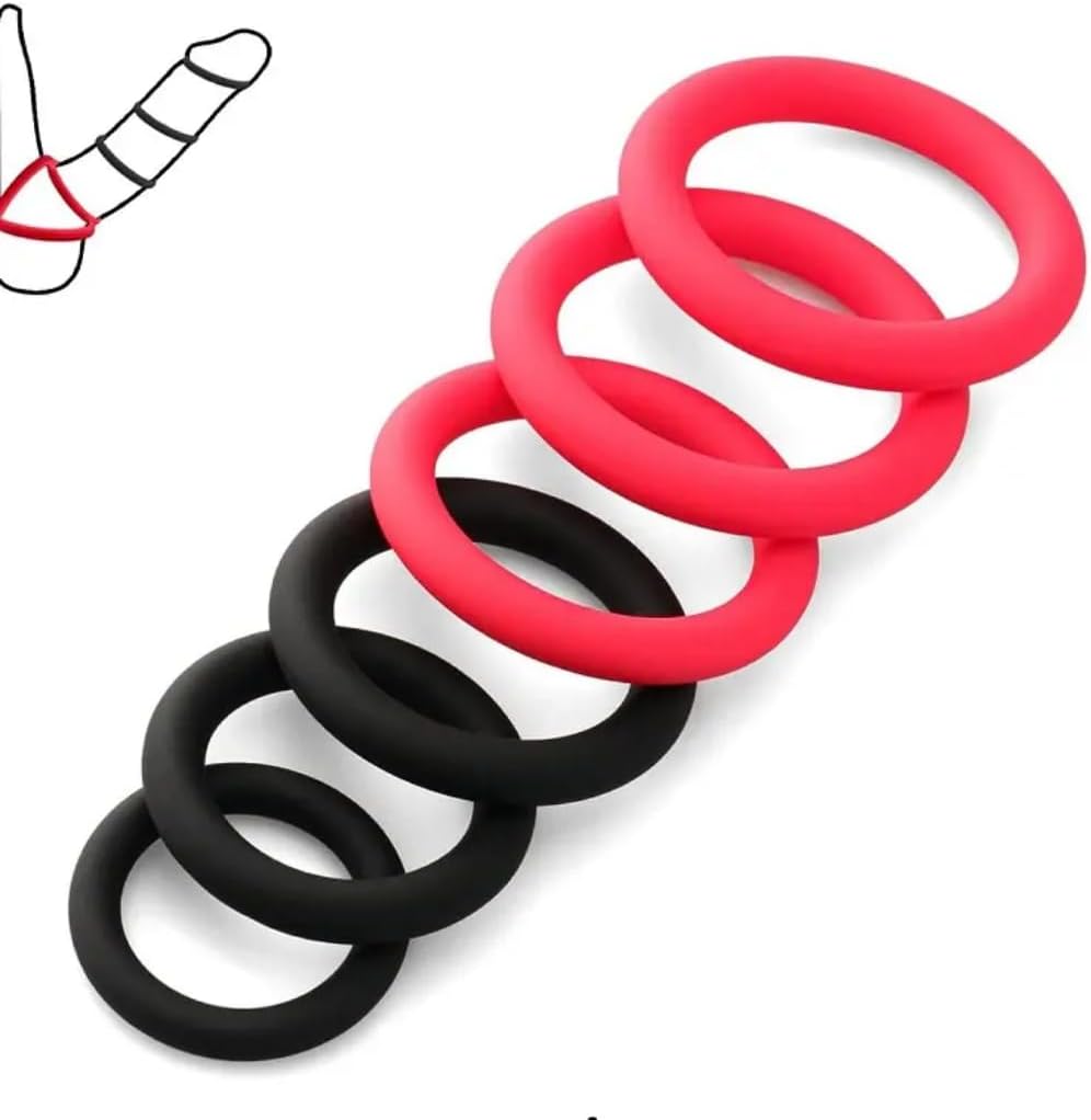 Pure Life Silicone Performance Cock Rings, Set of 6, Multiple Sizes, Black and Red