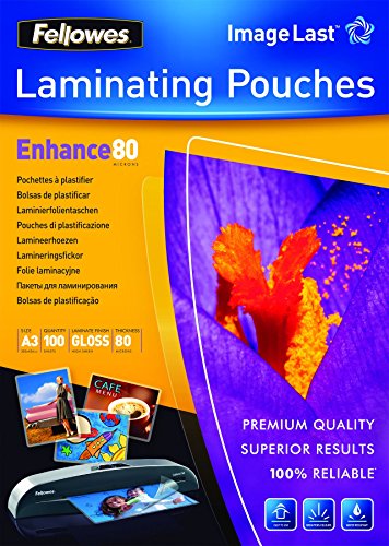 Fogli Per Plastificatrice Fellowes A3 Enhance80 - 100 Buste, 80 Micron, Finitura Lucida