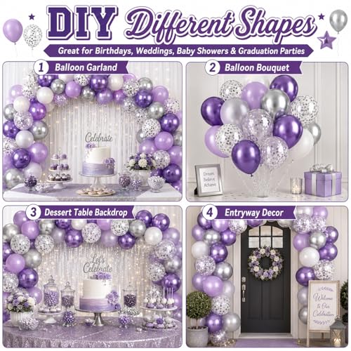 Image of Purple and Silver Balloons 60PCS Pastel Purple Balloons, 12 Inch Metallic Silver Confetti and White Latex Balloon for Girls Women Birthday Wedding Baby Shower Bridal Shower Graduation Party Decor