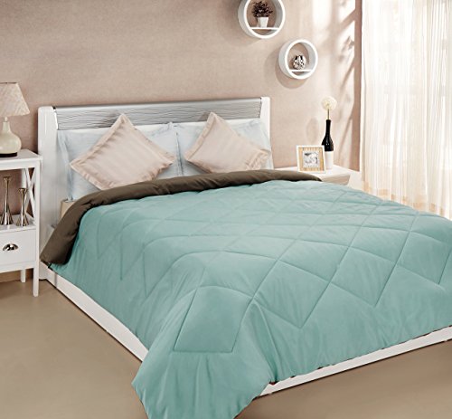 Image of Amazon Brand - Solimo Microfibre Reversible Comforter, Double (Sky Blue & Taupe Grey, 200 GSM) Paisley Preen 144 TC Double Bedsheet with 2 Pillow Covers, Green and Orange