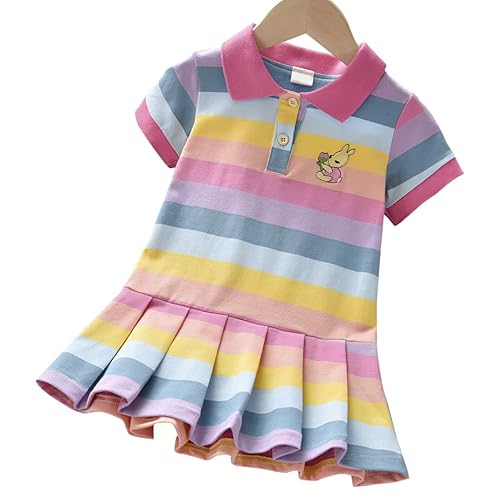CALLA DREAM [18-24 Monate] Regenbogen Kleid Mädchen Baby Kinder Sommer Gestreiftes Knielang Freizeitkleider Kurzarm Poloausschnitt mit Hasenprint Cover