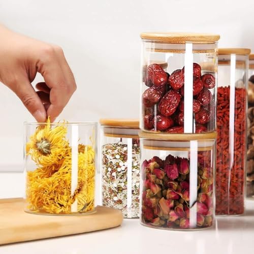 Image of MARTVIA Glass Food Storage Jars with Bamboo Lids 350ml Set of 4, Wide Mouth Lid Jar for Home Kitchen,Flour, Sugar, Coffee, Pasta, Oats, Grains, Cookies, Snacks (Round 350 ML Jar, SET OF 4)