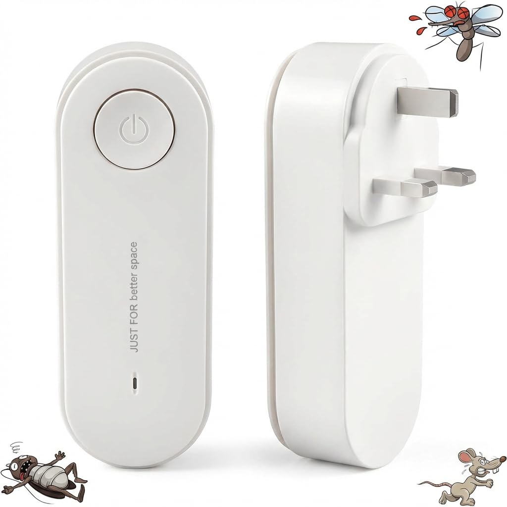 2PCS Dust Mite Controller Ultrasonic Plug-In Freshener Quiet Ultrasound Waves helps Allergies Eliminate Mites Suitable Mini Portable Lightweight for Bedrooms Living Room Closets and Pet Rooms UK Plug