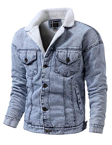 Lavnis Men's Denim Fleece Jacket Winter Button Down Fur Collar Jeans Coat (M, White Blue)