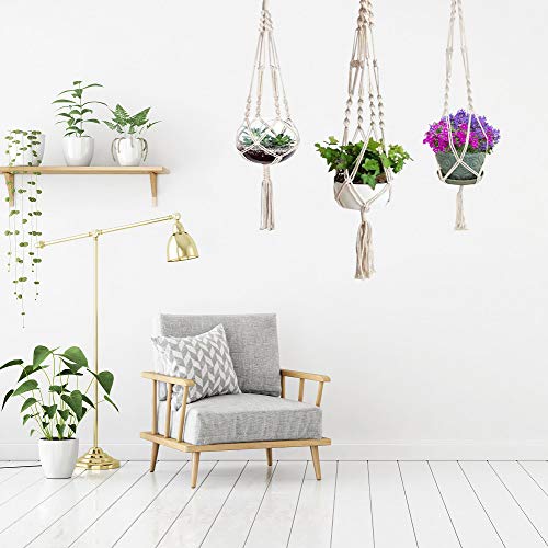 3 Pack Macrame Plant Hanger with S-L Size, Fixinus 4 Legs Cotton Woven Hanging Plant Holder Plant Pot Stand Ideal for Indoor Outdoor Home Birthday Decor - Thumbnail 2