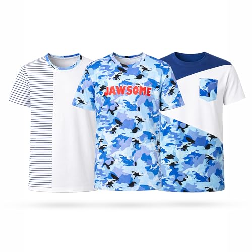 Image of NOROZE Kids Unisex Boys Girls T-Shirt Camouflage Blue Army Contrast Panel Patch Short Sleeve Summer Top (9-10 Years)