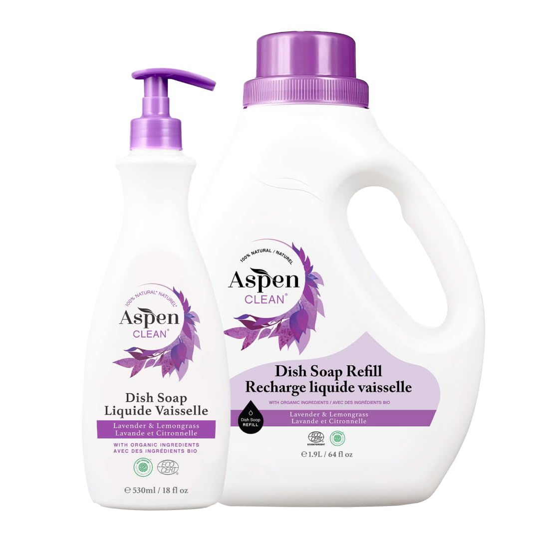 AspenClean | Dish Soap & Refill | Lavender and Lemongrass | Liquid Dishwashing Detergent Soap | Non - Toxic | 100% Natural | EWG Verified | 64 fl oz -