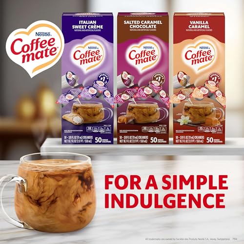 Image of Nestle Coffee mate Creamer Singles Variety Pack 0.37oz, 150Ct-50 per Flavor | Liquid creamer, no refrigeration, creamer tubs, Italian Sweet Creme, Salted Caramel Chocolate and Vanilla Caramel flavors