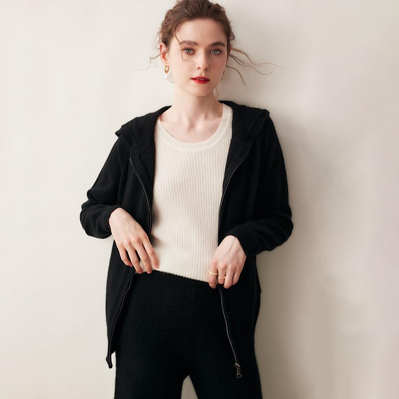 Image of Women's Fall and Winter 100% Cashmere Zipper Open Long Sleeve Hoodie