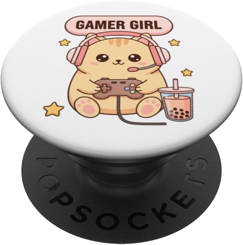 Video Gaming Gamer Girl Cute Cat Controller Headset Bubble-T PopSockets Adhesive PopGrip