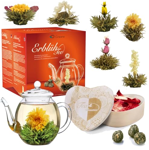 Creano Geschenkset Erblühtee Teeblumen Mix in Holzschachtel in Herzform - 6 Sorten Weißer Tee inkl. Glas Teekanne 500ml, Geschenk für Frauen, Mutter, Teeliebhaber