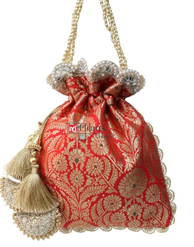 Image of MILAN'S CREATION Pure Banarasi Potli Silk Brocade Bag Purse Drawstring Women's handbag with Pearl Handle & Tassel Weddings