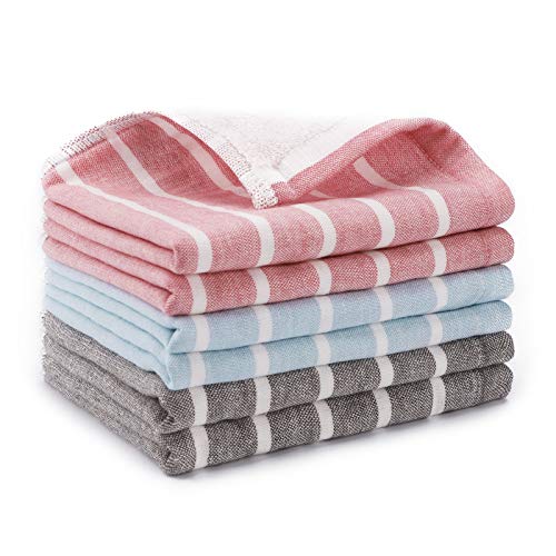 Beasea Dish Towels Set of 6, 13 x 13 Inch Dish Cloths Terry Cotton Kitchen Cloths Highly Absorbent Cleaning Cloths Stripe Dish Rags Soft Drying Wash Cloths for Household with Hanging Loop