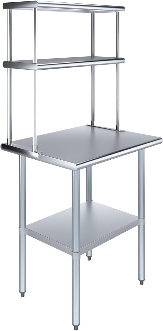Stainless Steel Work Table | Commercial & Residential Kitchen Laundry Garage Utility Bench | NSF Metal Prep Table (24" x 30" Table + 2 Shelves + Overshelf)