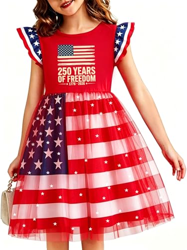 Image of Girls 4th of July Dress American Patriotic Outfit USA Independence Day Clothes Flutter Sleeve Tulle Tutu Dress 5-14y