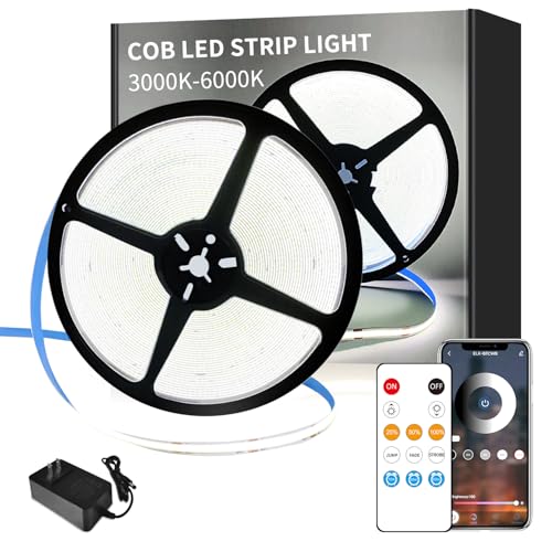 Image of 32.8ft COB LED Strip Lights,6000K White Dimmable DC 24V Flexible LED Rope Lights for Bedroom, with Remote and App Control LED Light Strip,for Cabinets, Shelves,DIY Home Decoration