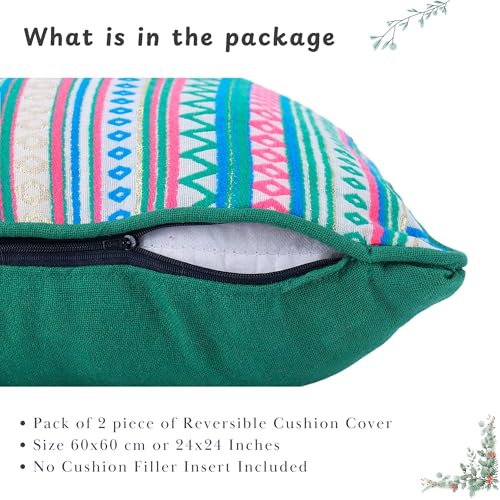 Image of Reversible 24x24 Inch Boho Green Cotton Woven Pack of 2 Fashion Throw Pillow Covers Cases for Couch Sofa Home Decoration | 60 x 60 cm
