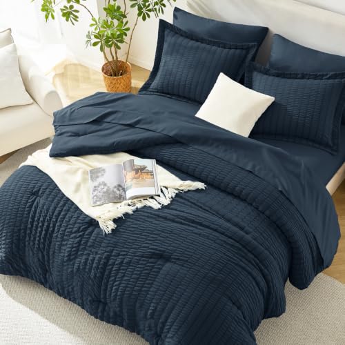 Image of HIMEET King Size Comforter Set - 7 Pieces Seersucker Bed in a Bag, Boho Bedding Sets for Bedroom Decor, All Season Home Essential Bed Set with Comforter, Sheets, Pillowcases & Shams, Navy Blue