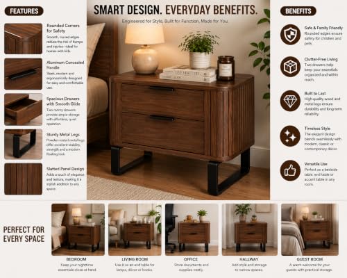 KUBER FURNITURE Solid Wood Bedside Table, Walnut, 2 Drawers Walnut 6 - Image 5