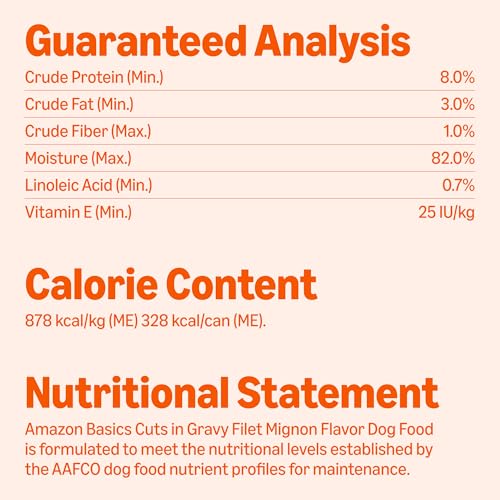 Image of Amazon Basics Wet Dog Food, Cuts in Gravy Filet Mignon Flavor, Made with Real Chicken and Beef, 13.2 oz can (Pack of 12)