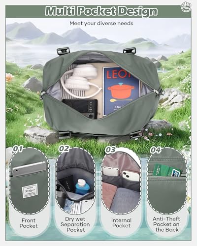 Image of Travel Duffel Bags for Women Mens Waterproof Weekender Carry on Bag Sports Gym Bag Travel Tote Bags with Wet Pocket Overnight Bag Workout Duffel Bags with Trolley Sleeve Dark Green