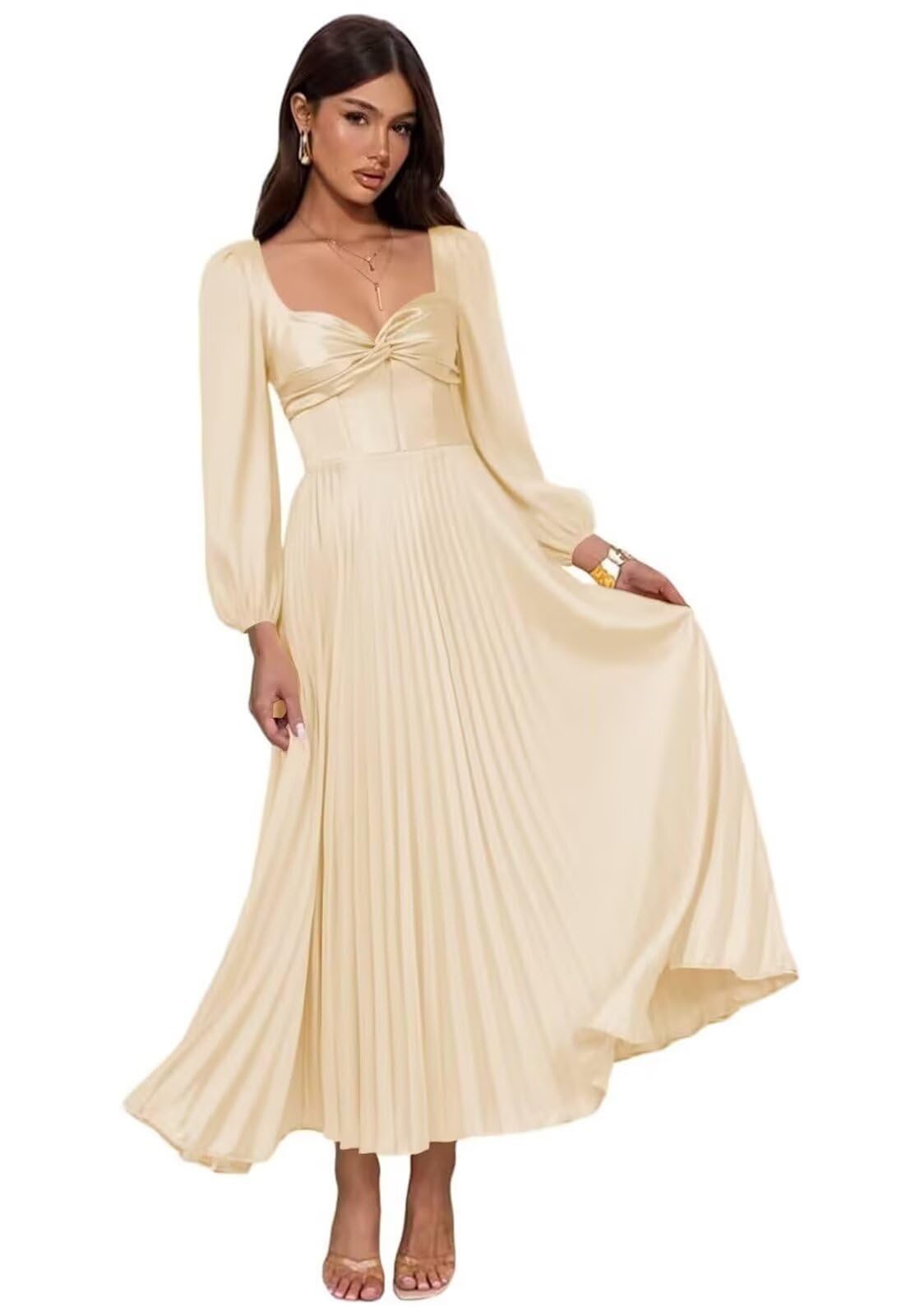 Long Sleeve Satin Bridesmaid Dresses for Women Pleated Formal Evening Party Gown