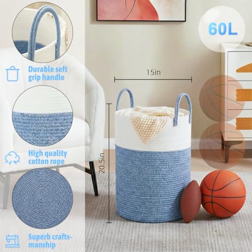 Image of Laundry Basket,Woven Cotton Rope Laundry Hamper,60L for Decor Storage of Dirty Clothes,Toys and Blankets in Bathroom,Baby Room and Living Room