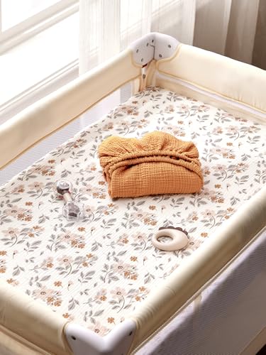 Image of TILLYOU Muslin Mini Crib Sheets 2 Pack, Pack and Play Mattress Sheets Fitted for Pack N Play, 38'' x 26'' Sheet for Toddler, Yellow Flower