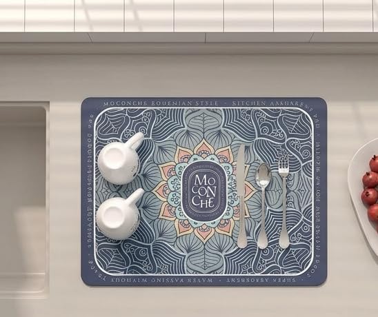 Image of HomeCloud Dish Drying Mat for Kitchen Counter - Super Absorbent, Non-Slip & Heat-Resistant - Quick Dry Rack Pad for Dishes, Utensils, Coffee Maker - Stain-Hiding Design (Blue)