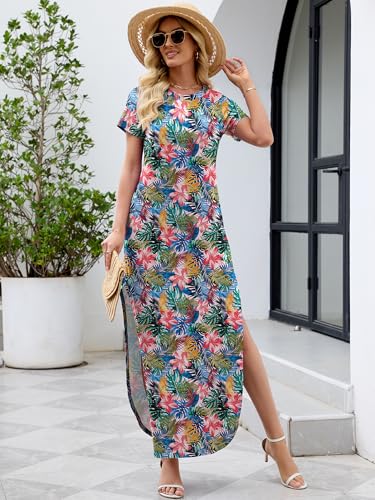 Image of Heymoments Womens Summer Maxi Dress Short Sleeve Casual Loose Long T Shirt Split Vacation Beach Sundress with Pockets