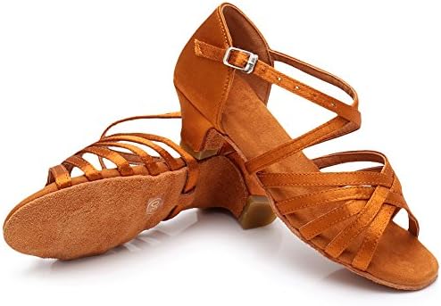 YKXLM Latin Dance Shoes Ballroom Women Salsa Tango Performance Practice Dancing Shoes.259,1.5" heel,Brown,8 US | Image 5