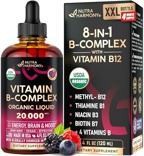 USDA Organic Vitamin B-Complex B5 Pantothenic Acid | B12 Methylcobalamin | B1 Thiamine | B6 Pyridoxine | B7 Biotin | B9 Folic | B3 Niacinamide - B Complex Liquid Drops, Made in USA Supplement, 4fl oz