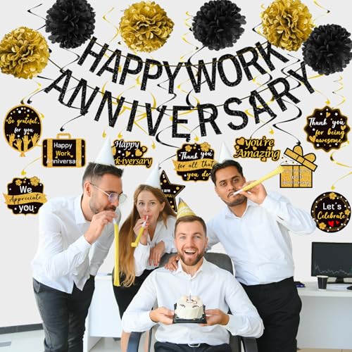 Image of Happy Work Anniversary Decorations Black Gold, Happy Anniversary Banner for Employee, Work Anniversary Workiversary Decorations for Party, We Appreciate You Office Party Decorations