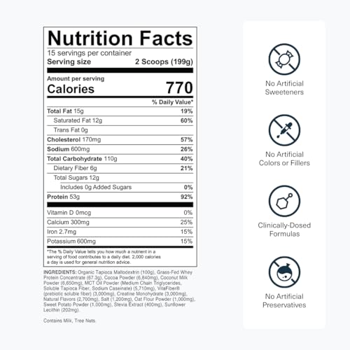 Image of Transparent Labs Mass Gainer Protein Powder - Naturally Flavored Grass-Fed Whey w / 53g Protein, 110g Carbs, High-Calorie Powder for Muscle Gain & Recovery, 3g Creatine - 15 Servings, Chocolate Glaze