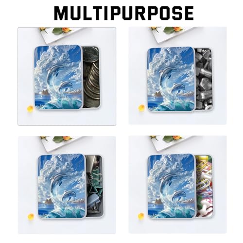 Image of Metal Tin Box with Lid,Multi-functional Storage Large Box Can Store Tea Biscuits Game Cards, Playing & Tarot Cards-Comes with 4 Magnetic Cord Clips,Cute Dolphins