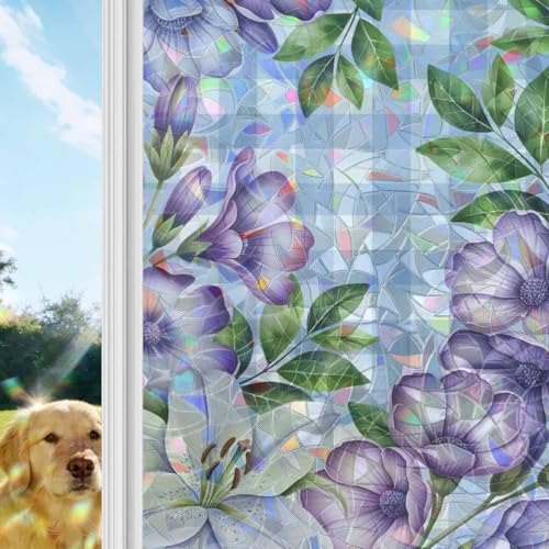 Película decorativa para ventanas con flores púrpura y blanco 17.7x39.3 pulgadas miniatura 2
