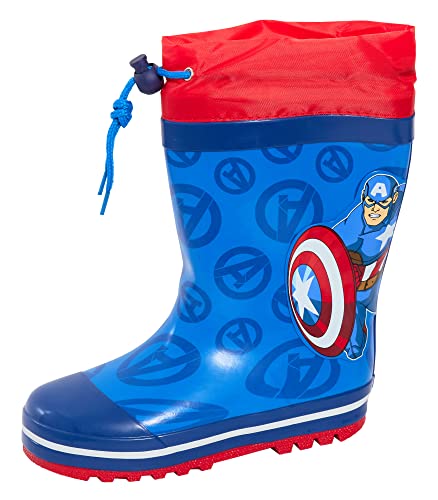Marvel Botas de agua de Capitán América para niños con lazos superiores Botas de agua Avengers para niños Wellingtons Wellys, Azul, 32 EU