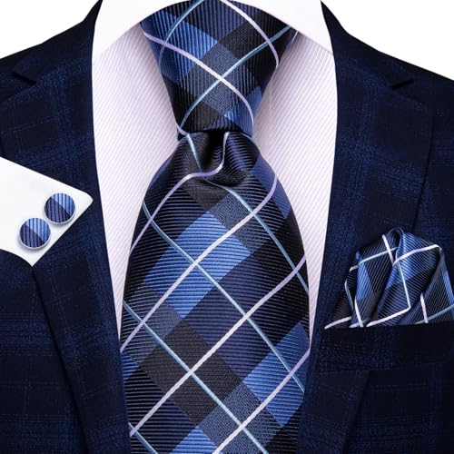Image of Hi-Tie Mens Plaid Ties Classic Paisley Necktie with Handkerchief Cufflinks Set Business Stripe Tie
