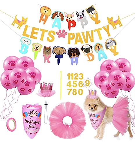 KUTKUT Dog Birthday Bandana | Tutu Skirt, Crown Hat 0-8 Figure Pet Happy Birthday Triangle Scarf | Lets Pawty Banner and 10 Pieces 10 Inch Paw Print Balloons for Pet (Pink) (B095SZDW1N) Amazon Price History, Amazon Price Tracker