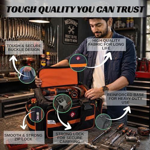 Image of PAHAL Heavy Duty Tool Bag for Electrician, Plumber, Carpenter, AC Technician & Service Engineer Waterproof Nylon Tool Storage Organizer, Shoulder Strap & 24L Capacity Black /Orange