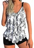 Modlily Layered Ruffle Two Piece Tankini Swimsuits, Flowy Swimdress Handkerchief Hem, Slim Tank with Boyshorts